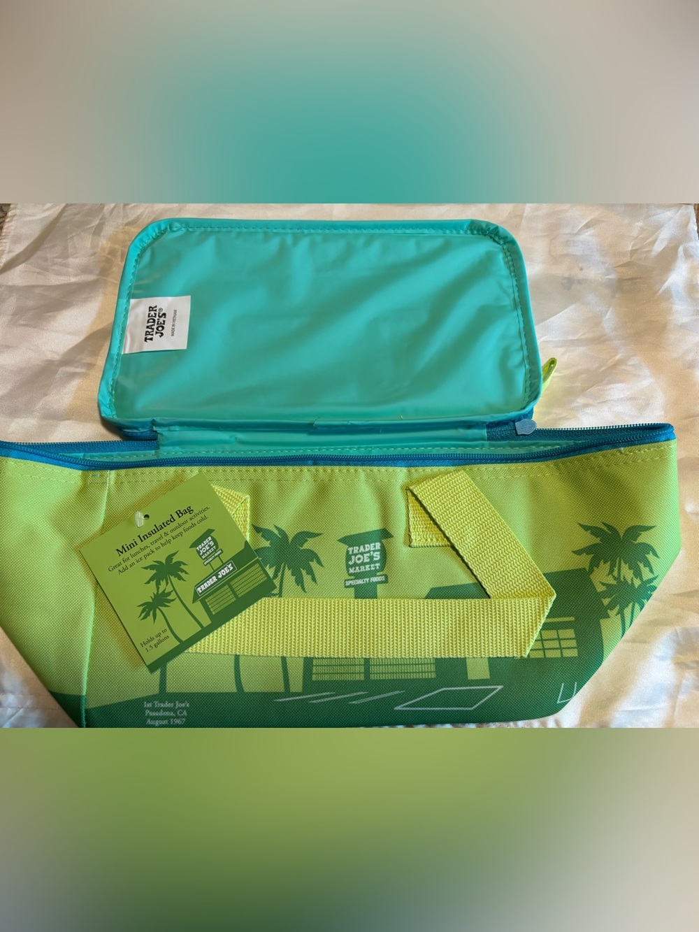 Trader Joe"s Mini Insulated Lunch Bag - Lime Green & Teal
